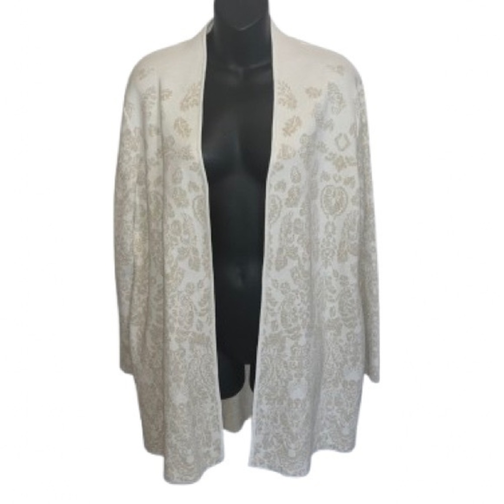 Chico’s cream embellished knit tunic length long sleeve open cardigan size 2